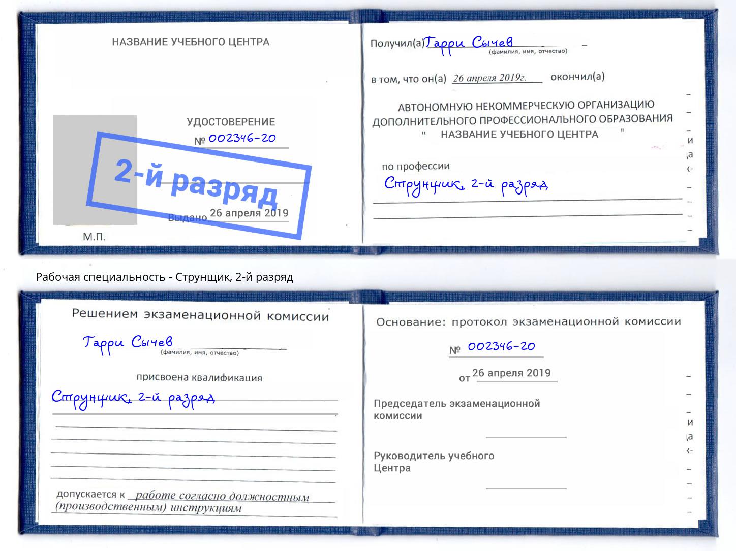 корочка 2-й разряд Струнщик Гуково