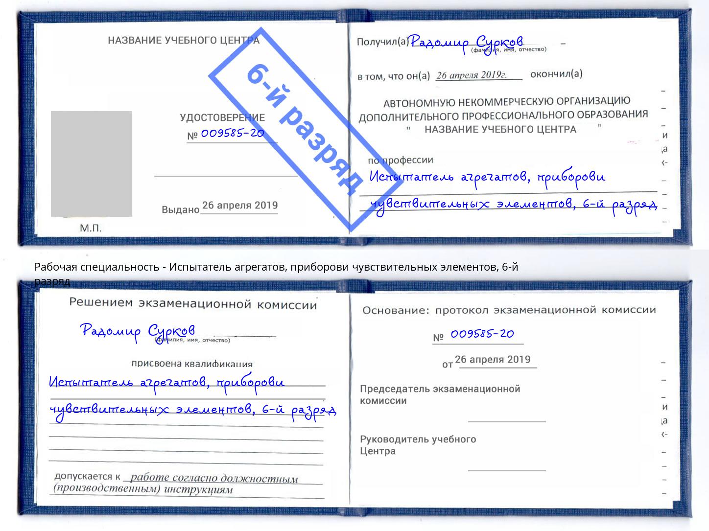 корочка 6-й разряд Испытатель агрегатов, приборови чувствительных элементов Гуково