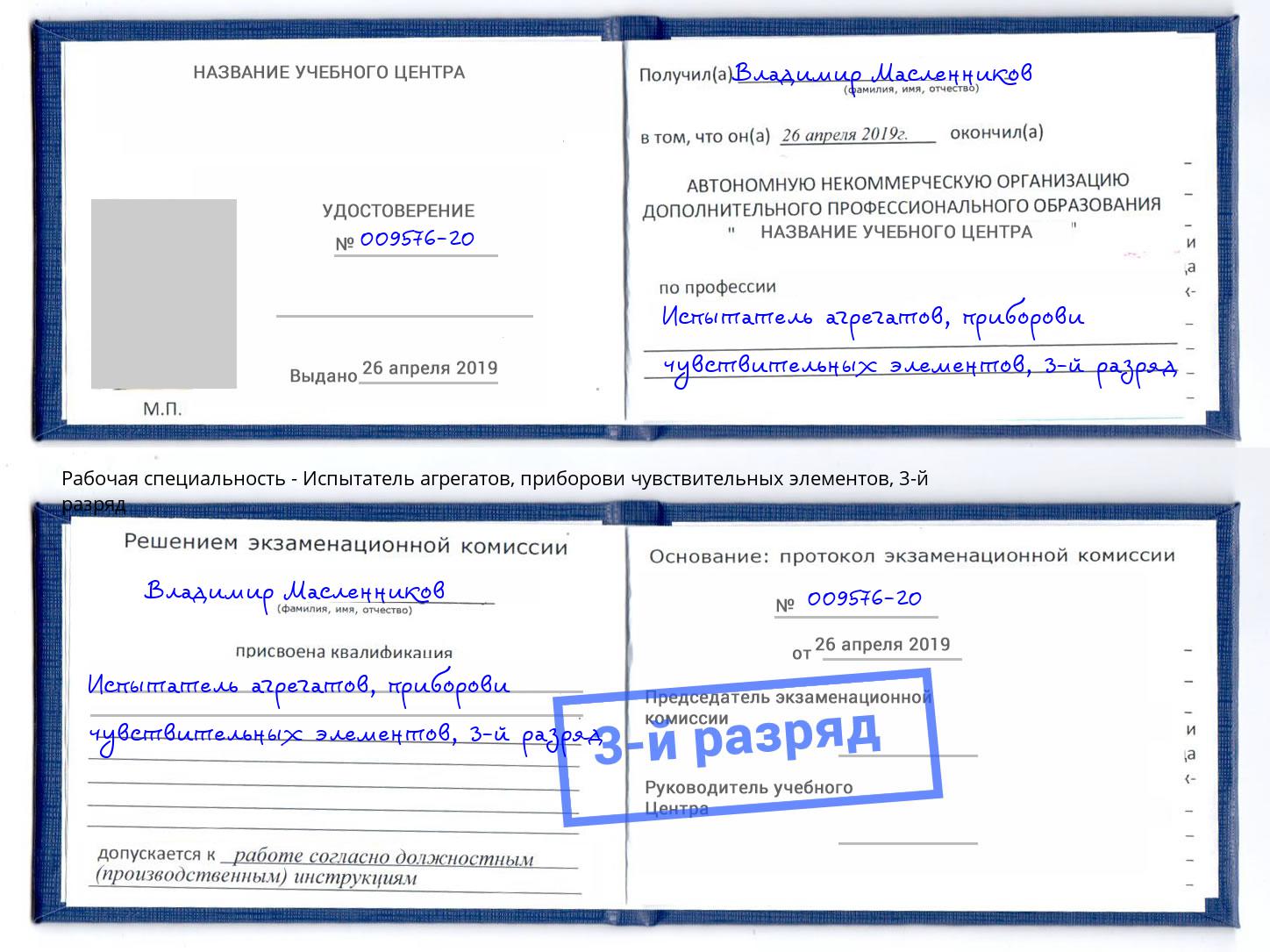 корочка 3-й разряд Испытатель агрегатов, приборови чувствительных элементов Гуково