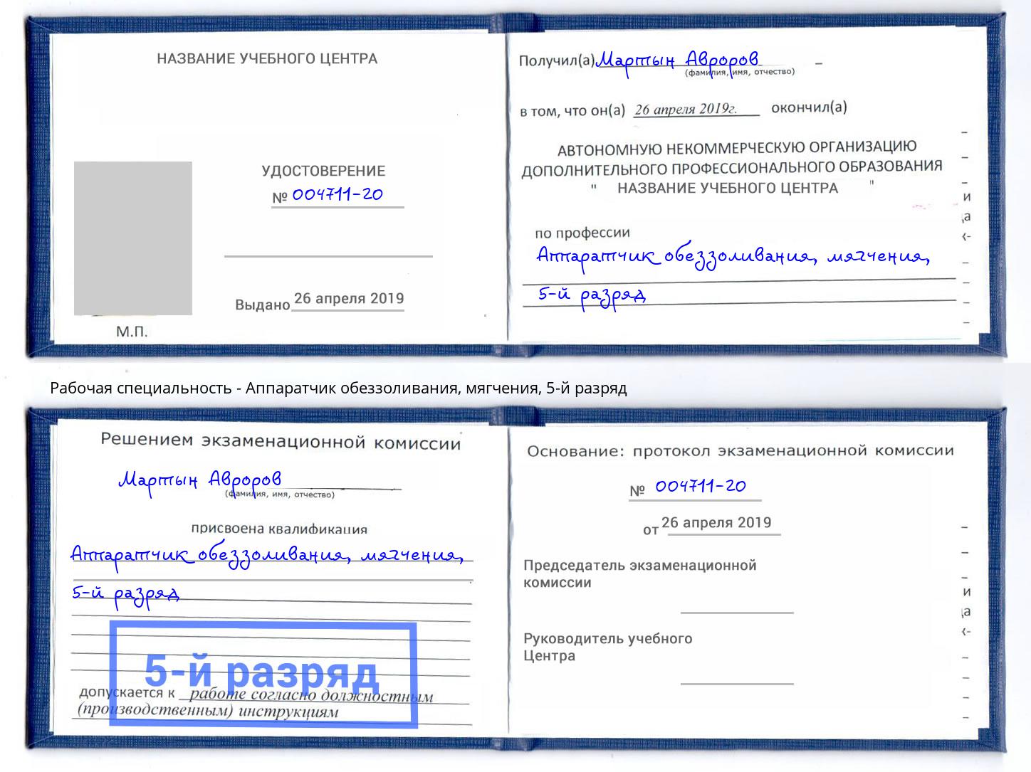 корочка 5-й разряд Аппаратчик обеззоливания, мягчения Гуково