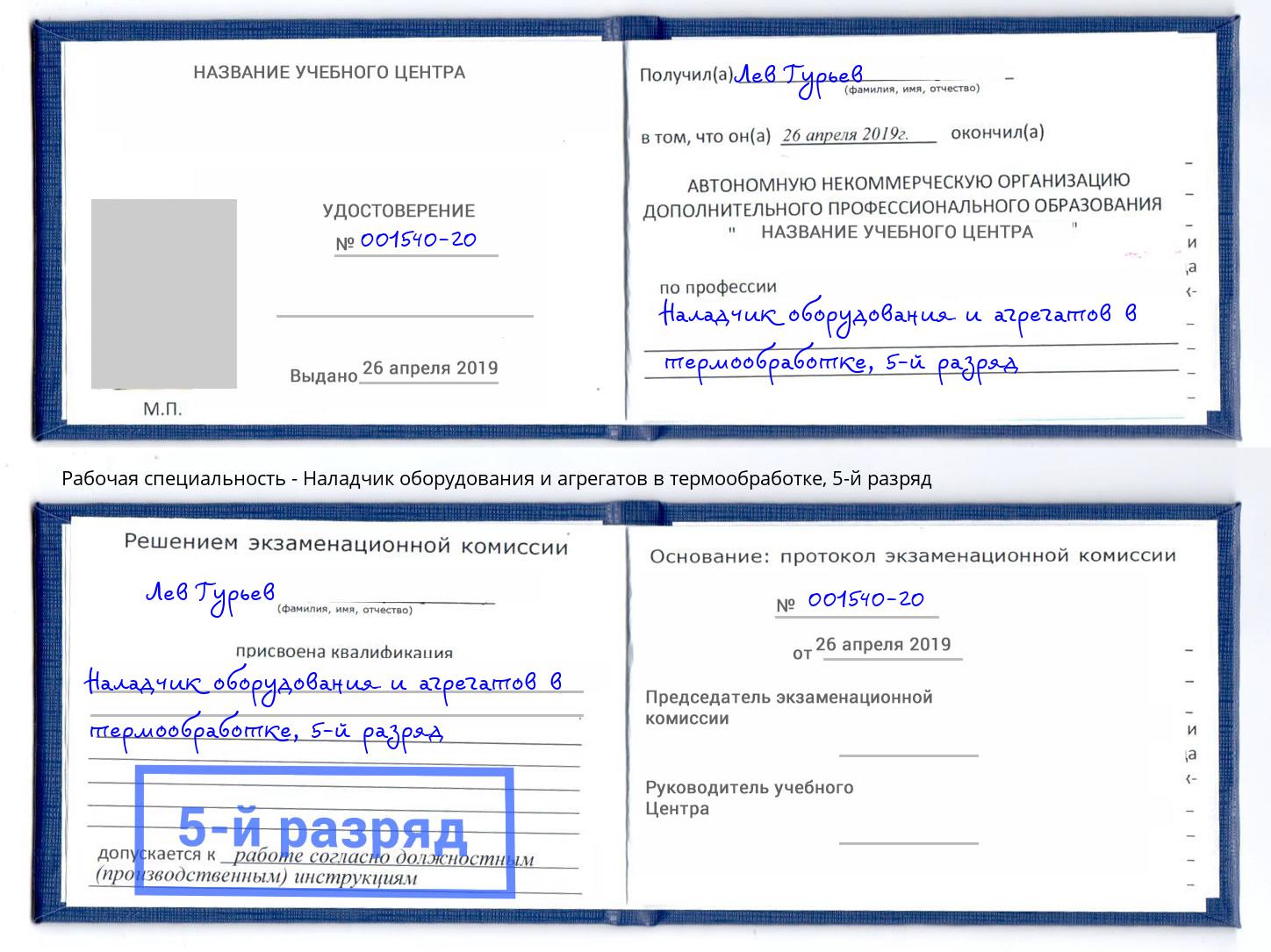 корочка 5-й разряд Наладчик оборудования и агрегатов в термообработке Гуково