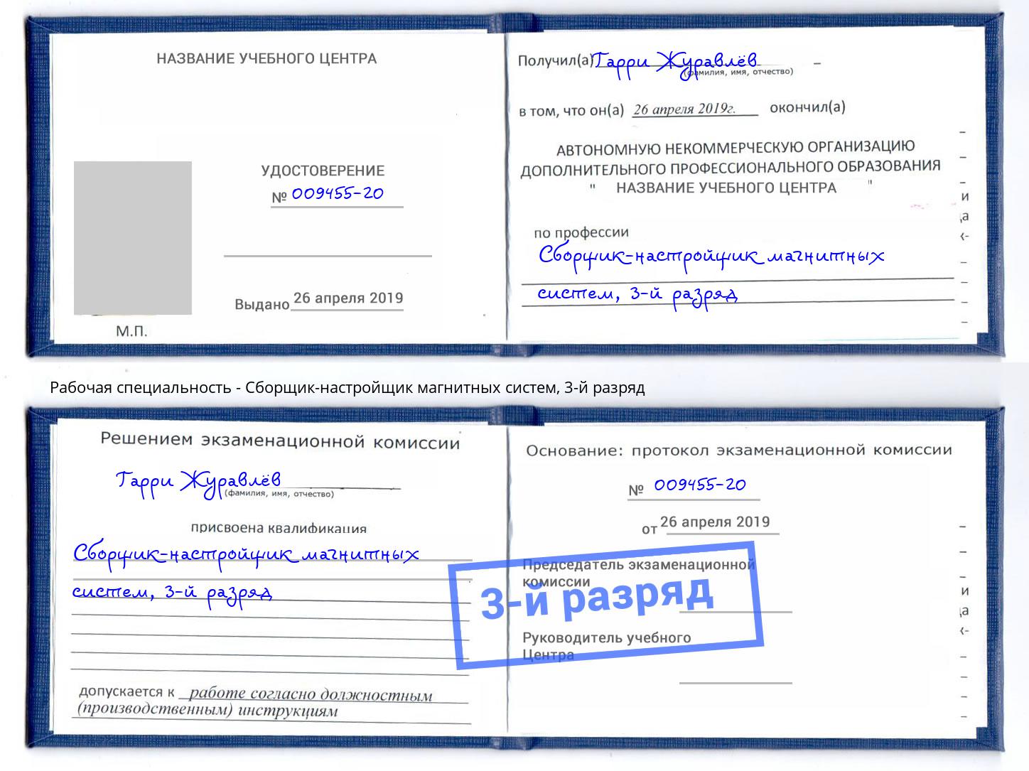 корочка 3-й разряд Сборщик-настройщик магнитных систем Гуково