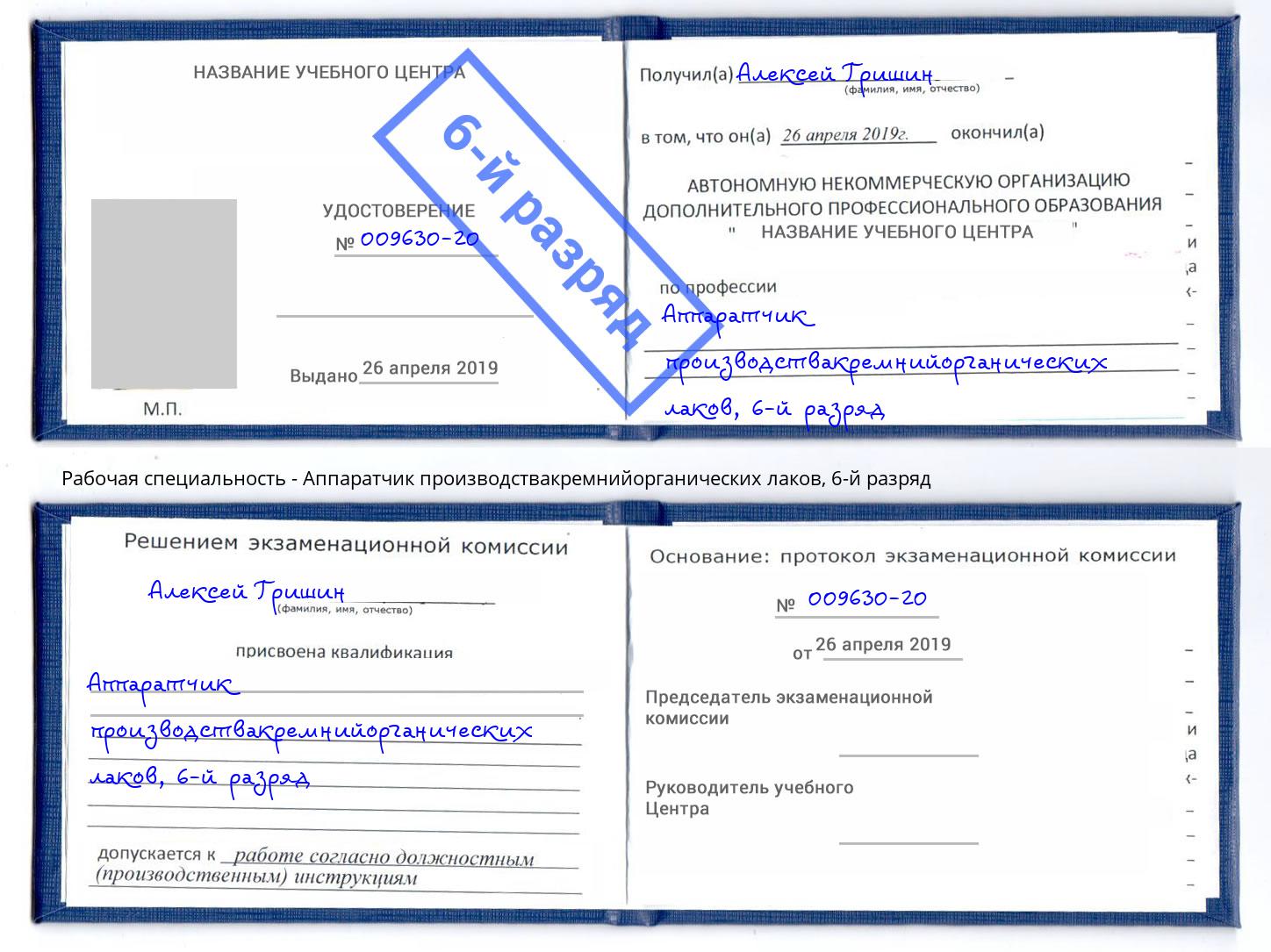 корочка 6-й разряд Аппаратчик производствакремнийорганических лаков Гуково